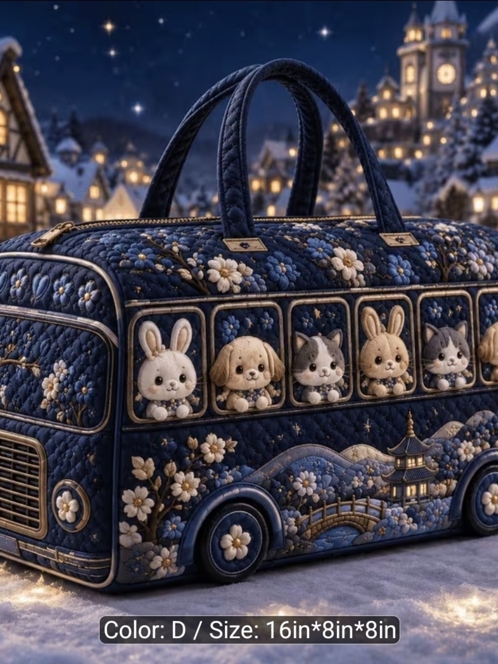 Quilted Navy Floral Bus Tote Bag with Cute Animal Panels